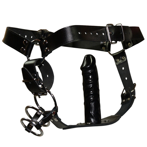20101271160 Leder String für Herren mit Anal Dildo und Peniskäfig schwarz
