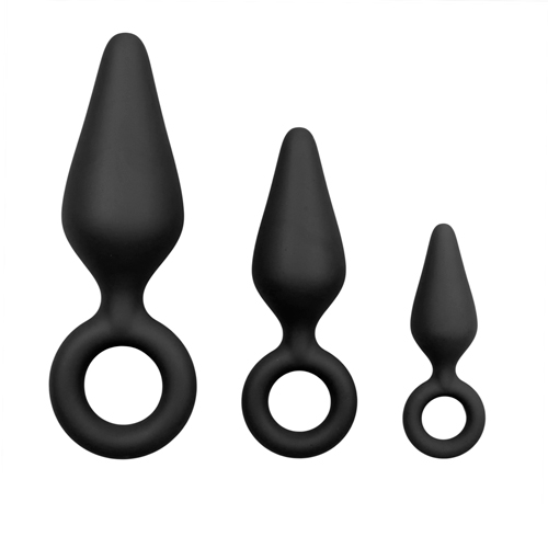 Schwarze Analplugs mit Rückholring - Set